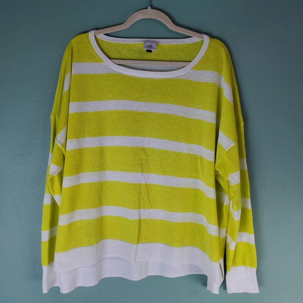 Cabi Womens Large Yellow White Striped Linen Happy Hour Pullover Lightweight